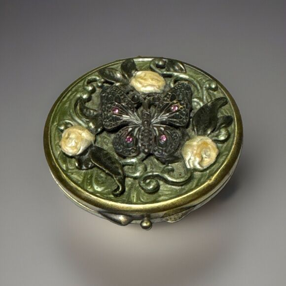Butterfly Sea Shell Flower Raised Relief Rhinestone Compact Mirror Bronze Vtg - Picture 3 of 6